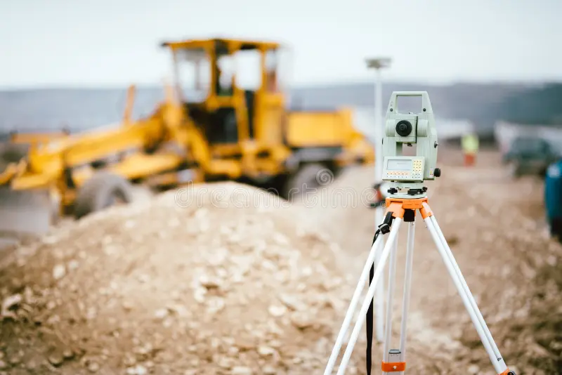 Home système ou théodolite de gps d équipement arpenteur dehors au chantier construction route ingénierie avec la station totale 112467567